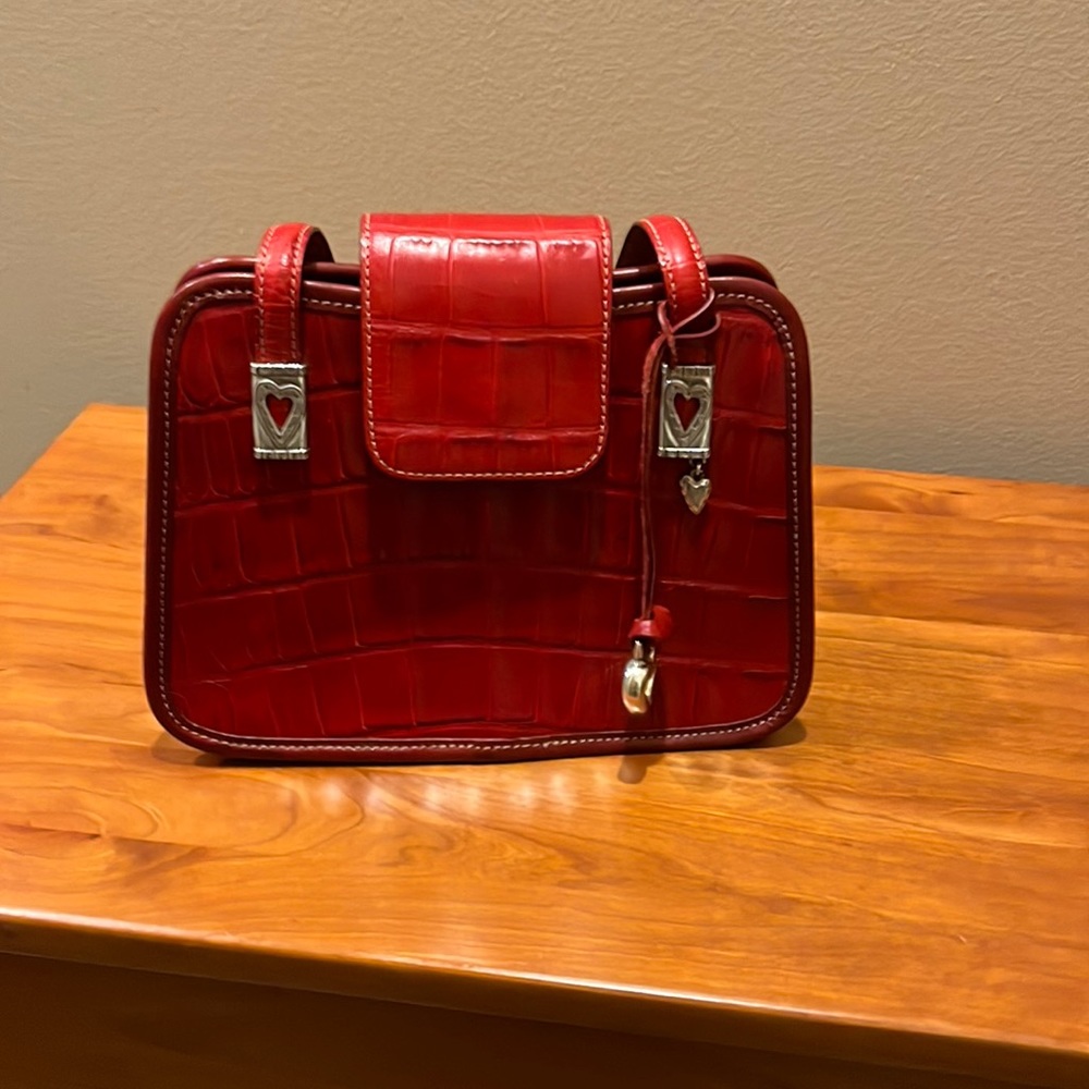 Small red leather Brighton satchel purse.  7h x 4d x 9w